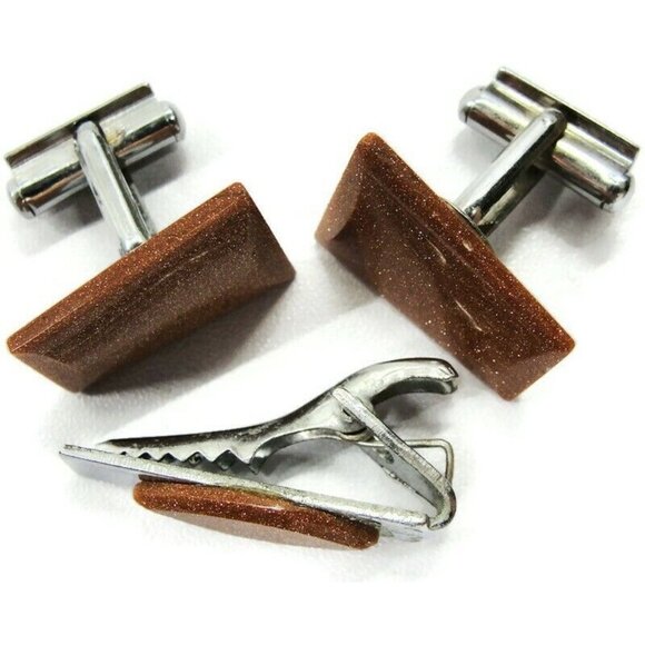Cufflinks Silver Tone Copper Glitter Set Neck Tie Clip Tux Shirt Dress Suit Vtg - Picture 1 of 7